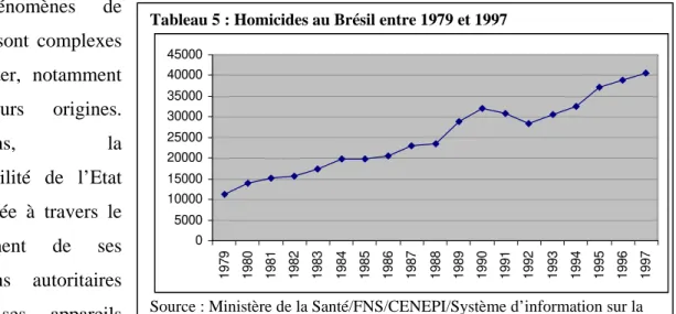 Tableau 5 : Homicides au Brésil entre 1979 et 1997  050001000015000200002500030000350004000045000 1979 1980 1981 1982 1983 1984 1985 1986 1987 1988 1989 1990 1991 1992 1993 1994 1995 1996 1997