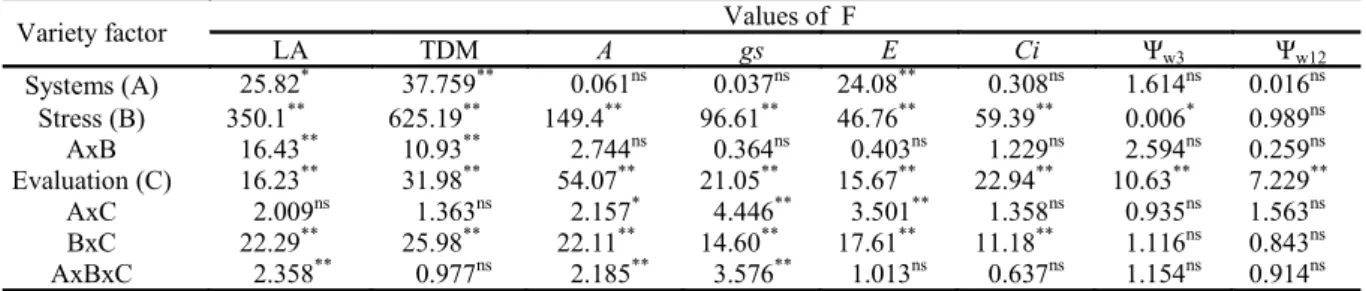 Table 1. Summary of the analysis of variance for the variables leaf area (LA); total dry matter (TDM); photosynthesis (A); 