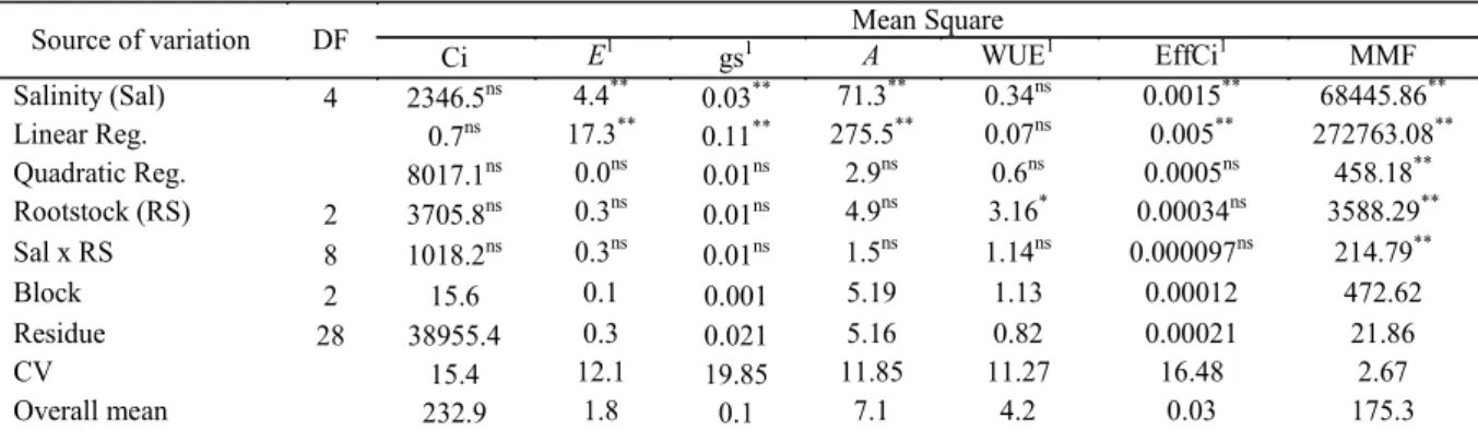 Table  4. Summary of the analysis of variance for internal CO 2  concentration (Ci), transpiration (E), stomatal conductance  (gs), CO 2  assimilation rate (A), water use efficiency (WUE), instantaneous carboxylation efficiency (EffCi), and mean mass  of f