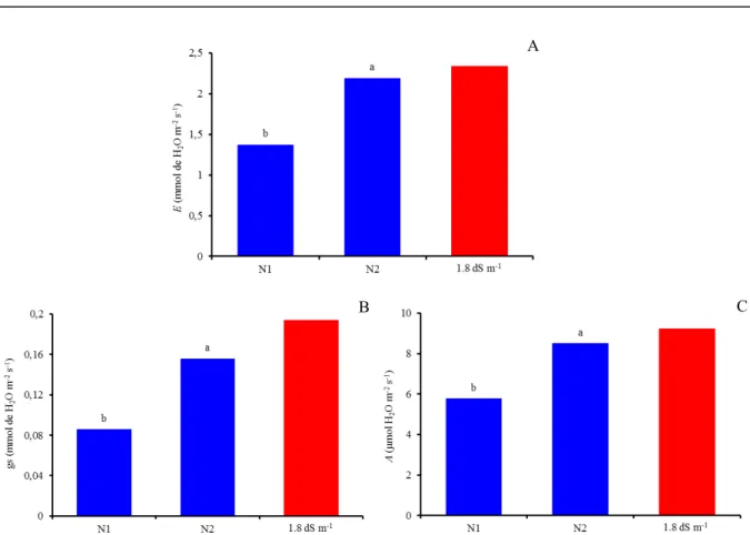 Figure 4. Transpiration -  E (A), stomatal conductance  -  gs (B), and CO 2  assimilation rate -  A (C), as a function of nitrogen  doses  (N1  –  100%  and  N2  200%  of  recommendation),  in  citrus  grafted  with  scion  of  Mimo  do  Céu  orange  (Citr