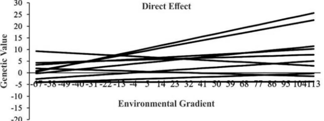 Figure 2. Reaction norm over the environmental gradient to W365 for direct effect found for the  10 sires with the highest number of progeny