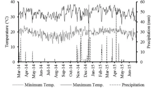 Figure 1. Daily minimum and maximum temperature (ºC) and precipitation (mm) during the experimental period