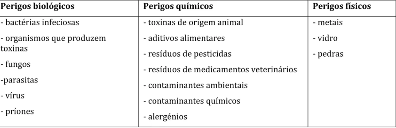 Tabela 2 – Exemplos de perigos que podem surgir em alimentos. 
