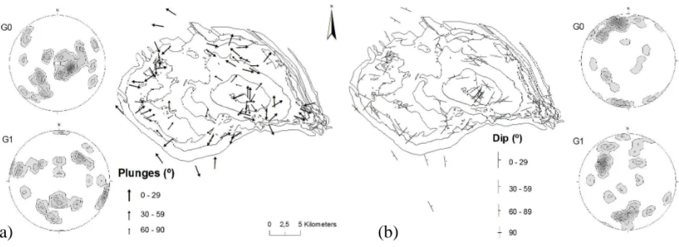 FIGURE 4. Map of the magnetic lineations (a) and magnetic foliations (b) with orientations stereonets (Schmidt, lower hemisphere projection).
