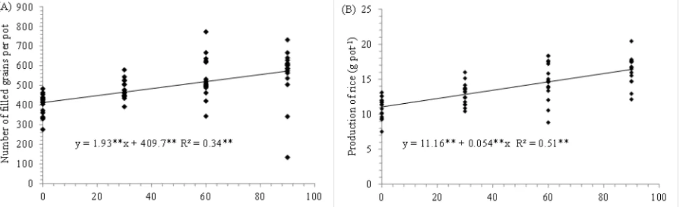 Figure  1. Effect of doses of nitrogen on number of filled grains of rice per pot (A) and production of rice per pot (B)