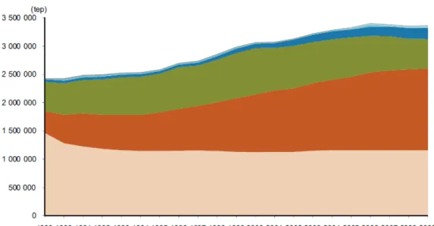 Figura  3 - Evolução do consumo de energia no setor doméstico por tipo de fonte, balanço energético 2009 (Inquérito ao  consumo de energia no setor doméstico, 2011)  