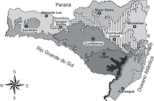 Figura 1: Localização geográfica das estações hidrológicas nas diferentes regiões climáticas de Santa Catarina e utilizadas no estudo.