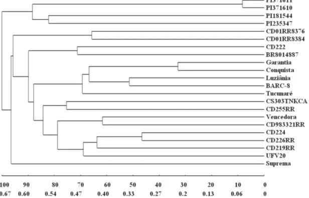 Figure 1: Clustering by the UPGMA method according to the distance estimates based on the complement of the weighted similarity index by analysis of microsatellite markers on QTL regions for oil content.
