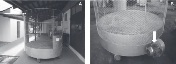 Figure 1: Warehouse-silo with forced air used in the experiment during storage of Brazil nut (A) and fan-driven engine detail (B).