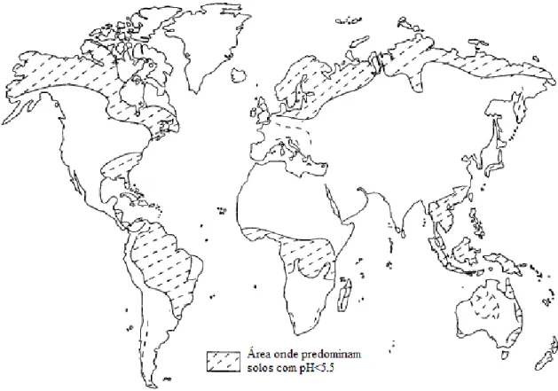 Figura 1.5: Distribuição dos solos ácidos a nível mundial (Adaptado de von Uexküll e Mutert, 1995) 