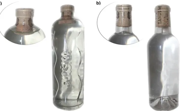 Figura 5 – Garrafas Flaska® e de referência, a) e b) respetivamente, vedadas com rolhas de cortiça  natural 45x24 mm