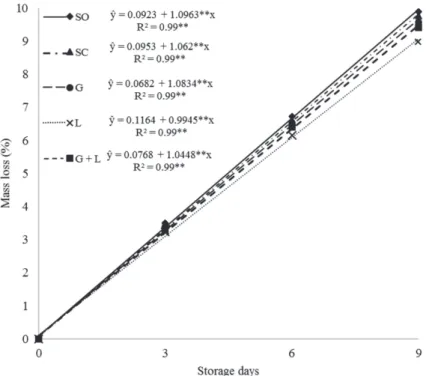 Figure 1: Mass Loss (%) of maize green ears stored in PVC packaging film, at 25 °C and 50% relative humidity, as a function of storage time