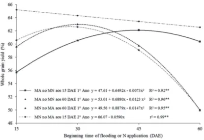 Figura 3: Effects of the interaction between initial flood timing and N application on whole grain yield of rice cultivar BRS Jaçanã irrigated in the first and second year