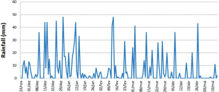 Figure 1: Rainfall data for the trial period. INMET, Fazenda Capim Branco, Uberlândia, MG, 2011/2012.