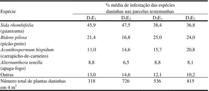 TABELA 1. Porcentagem média de infestação das espécies daninhas nas testemunhas e suas respectivas quantidades de indivíduos na área útil, aos 50 DAS