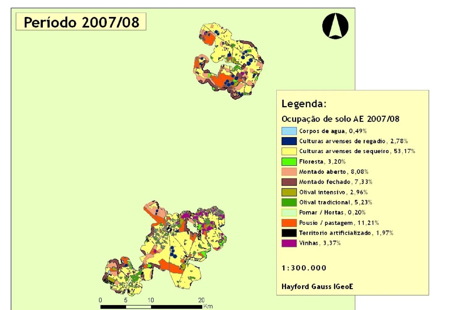 Figura 3 – Carta da ocupação de solo para o período 2007/08 da área de estudo com classes e percentagens de uso do solo