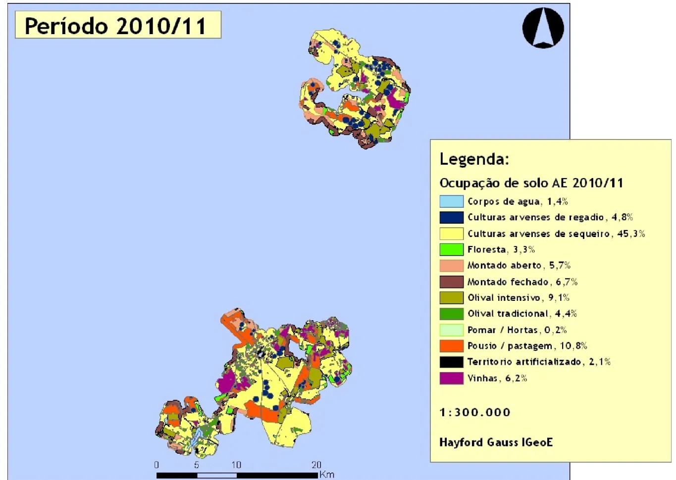 Figura 4 – Carta da ocupação de solo da área de estudo para o período 2010/11 com classes e percentagens de uso do solo