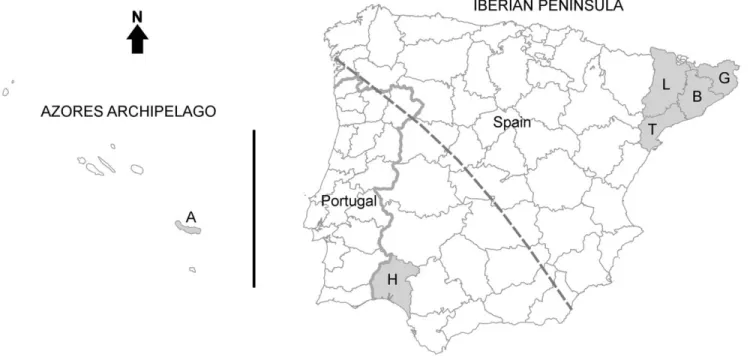 Figure 1. Geographic distribution of the analysed Taenia pisiformis individuals. Iberian Peninsula, the Azores archipelago and (shaded in grey) the regions of origin of the analysed sequences