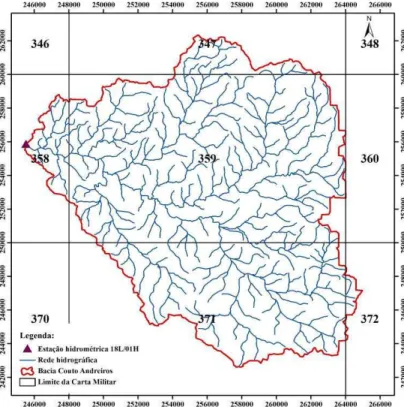 Fig. 9 - Limite da bacia hidrográfica a montante da estação hidrométrica de Couto de Andreiros, rede  hidrográfica e identificação das cartas à escala 1:25 000 utilizadas na sua delimitação