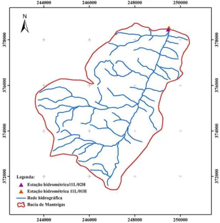 Fig.  10  -  Limite  da  bacia  hidrográfica  a  montante  da  estação  hidrométrica  de  Manteigas  (11L/01H-EDP  e  11L/02H-INAG) e respectiva rede hidrográfica