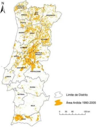 Fig. 13 - Localização das áreas ardidas no período compreendido entre 1990 e 2005. 