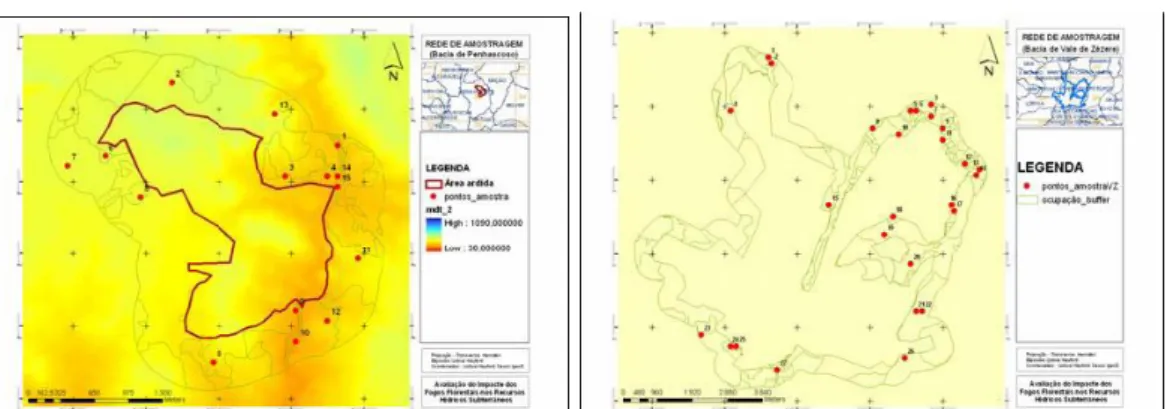 Figura 2 – Distribuição espacial das amostras nas áreas ardidas e zona envolvente (Penhascoso  e Vale do Zêzere)