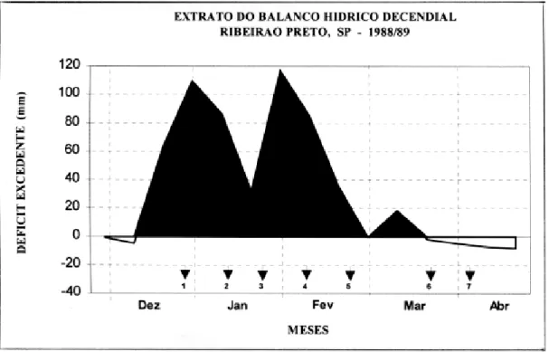 FIGURA 2. Balanço hídrico decendial de dezembro de 1988 a abril de 1989 com as respectivas datas de amostragens (1: 29/12/88; 2: 14/01/89; 3: 25/01/89; 4: 9/02/89; 5: 22/02/89; 6: 20/03/89 e 7: