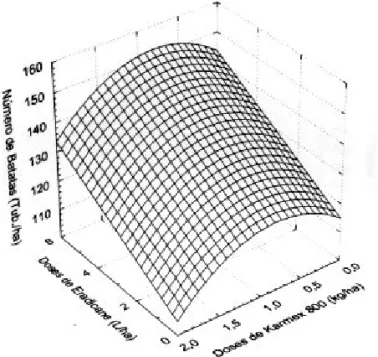 FIGURA 5. Número total de raízes de batata-doce (Tub./ha), em função das doses de Eradicane (DE) e Karmex 800 (DK), 145 dias após a aplicação.