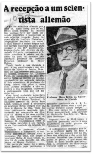 Figura 2. Notícia sobre a chegada de Hans Krieg ao Rio de Janeiro, Gazeta de  Notícias, 23 de outubro de 1937