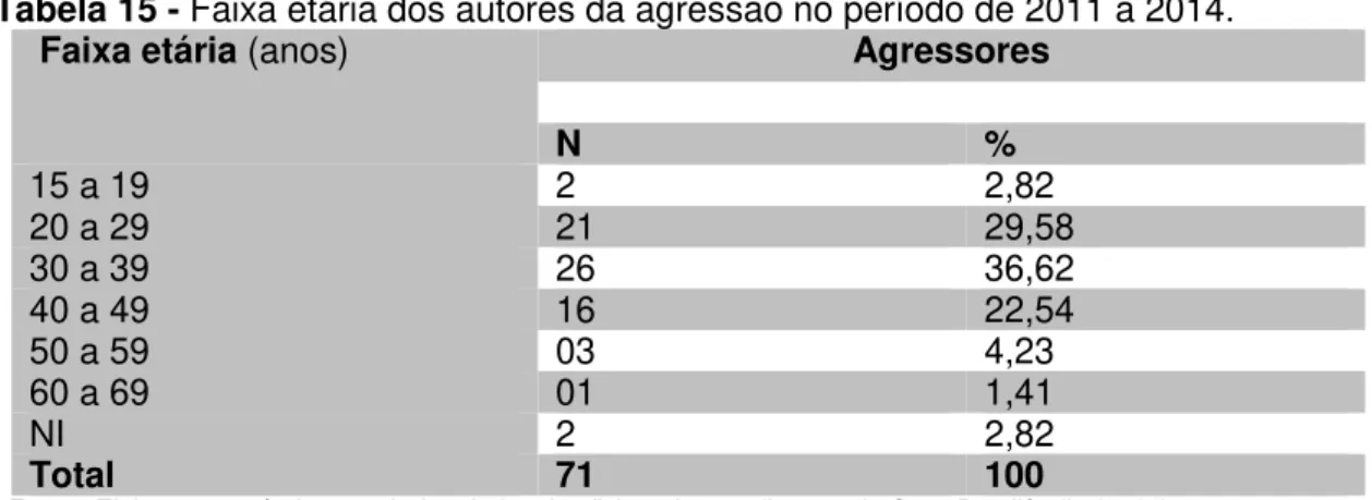 Tabela 15 - Faixa etária dos autores da agressão no período de 2011 a 2014. 