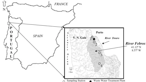 Fig. 1 Identification of the river Febros watershed, location of sampling stations (distance from mouth: