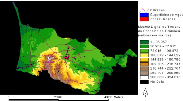 Fig. 3 – Modelo Digital do Terreno, estradas, espaço urbano e superfícies de água do Concelho  de Grândola 