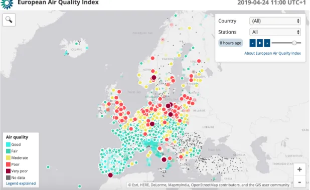 Figure  2.7:  European  AQMN  showing  air  quality  index  in  Europe  on  the  24 th   April  2019  at  11:00  UTC  ( http://airindex.eea.europa.eu/)