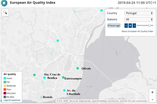 Figure  3.2:  AQMN  in  Lisbon  and  respective  air  quality  index  on  the  24 th   April  2019  at  11:00  UTC  (http://airindex.eea.europa.eu/)