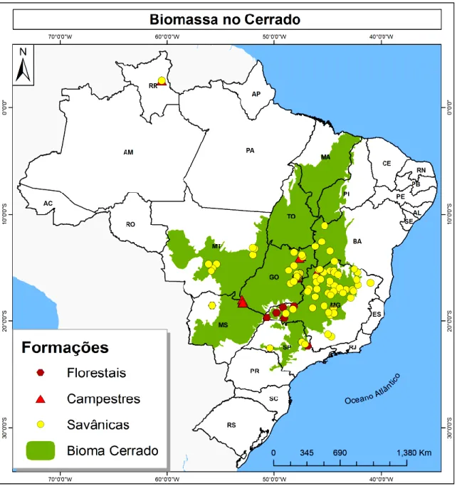 Figura 2. Distribuição geográfica das localidades brasileiras onde há estudos sobre biomassa aérea e  abaixo do solo no Bioma Cerrado