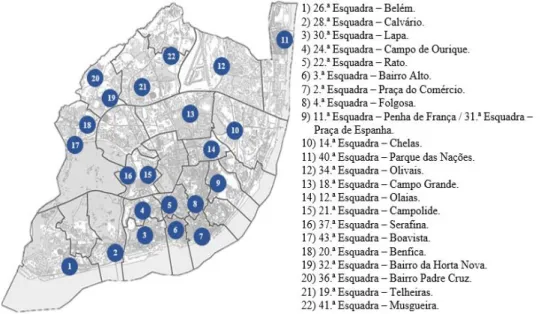 Figura 3 - Distribuição das Esquadras pelas freguesias de Lisboa.