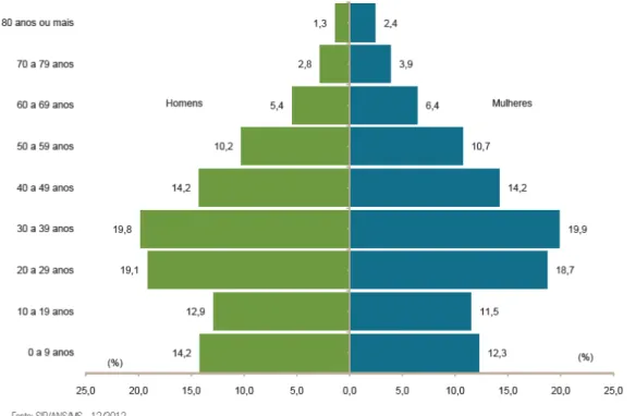 Gráfico 05: Pirâmide etária dos beneficiários de planos privados de assistência  médica, por sexo (Brasil - dezembro/2012) 