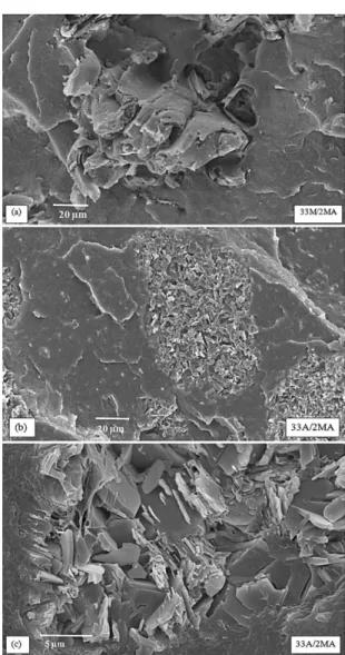 Figura 1. Micrografias da região fraturada (a) e (b) com aumento  de 1000x para os compósitos de fase única utilizando percentual de  33%, e PEAD-g-MA como compatibilizante e micrografia (c) com  aumento de 6000x para o interior do grão de alumina.