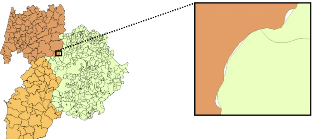 Figura 2.  Exemplo de desfasamento na zona de  fronteira entre Portugal e Espanha, na cartografia referente aos limites 