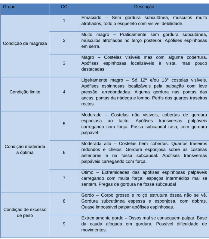 Tabela  3-  Sistema  de  classificação  da  condição  corporal  (escala  de  1  -  9)  (Adaptado  de  Stewart  &amp; 