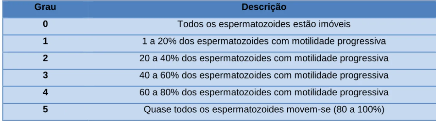 Tabela 8 – Classificação de graus de motilidade individual  