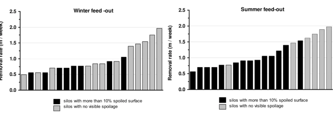 Figure 1. Influence of weekly removal rate on the extent of aerobic deterioration in farm silos during winter and summer  consumption (from Tabacco and Borreani, 2002, modified) 