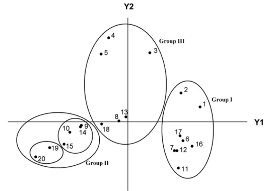 Figure 3 - Biplot of principal components Y1 and Y2 from the ordination of 20 treatments using 9 variables (see Table 2)