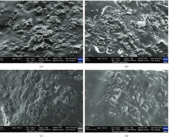 Figura 4. Micrografias dos nanocompósitos com (a)-1,5%; (b)-7,5% e (c)-10,0% de óxido lamelar