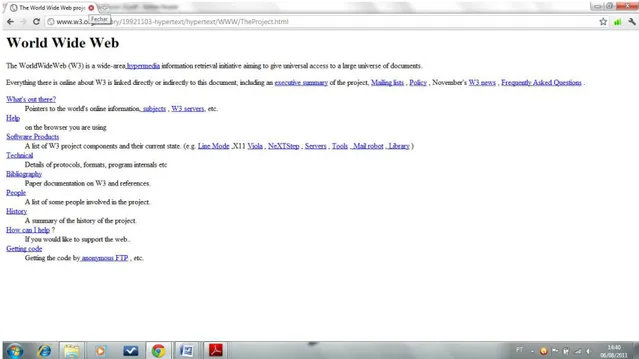 Figura 1: A web fez 20 anos dia 6 de agosto de 2011 - Cópia da 1ª www - retirado do site do  techcrunch de 06/08/2011 