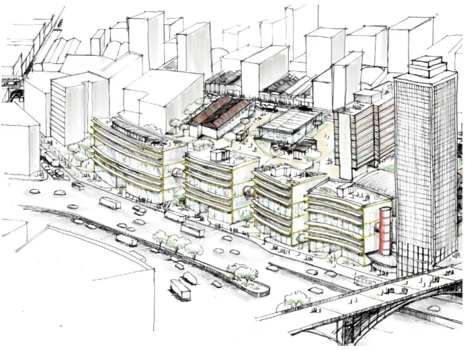 Figura 12 - Perspectiva ilustrando proposição para a Avenida Prestes Maia e interior da quadra  Fonte: Autoria da mestranda para este trabalho 