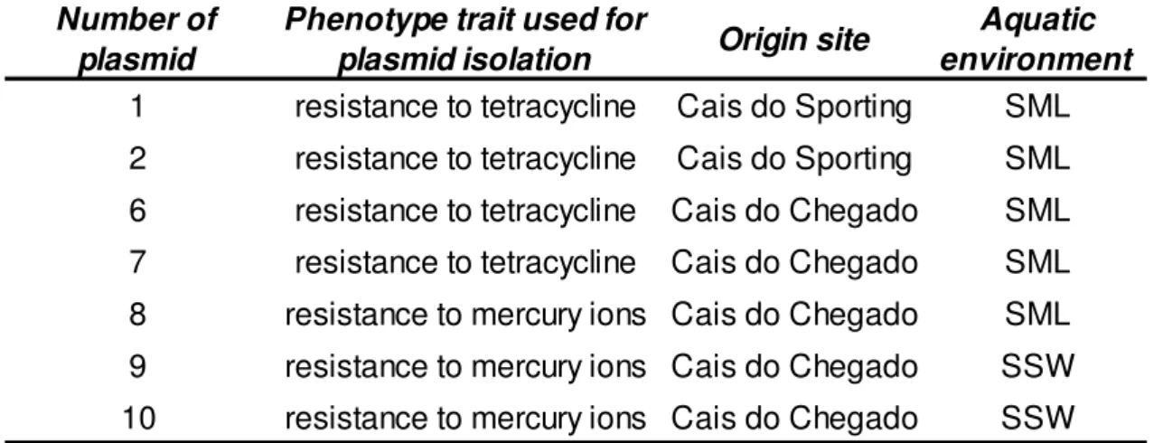 Table VIII. Features of the captured BHR plasmids from the Ria de Aveiro lagoon.