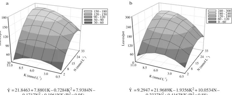Figure  2  - Number of leaves per pot in the first (a) and second (b) harvests of marandu palisadegrass as related to combinations of nitrogen and potassium rates.
