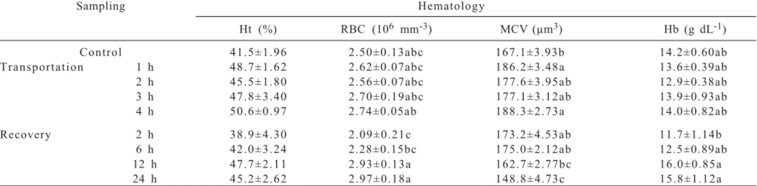 Table 2 - Hematology during the transportation of L. friderici in the stocking tanks (control), in the bags (1, 2, 3 and 4 h of transportation) and in the recovery tanks (2, 6, 12 and 24 h)