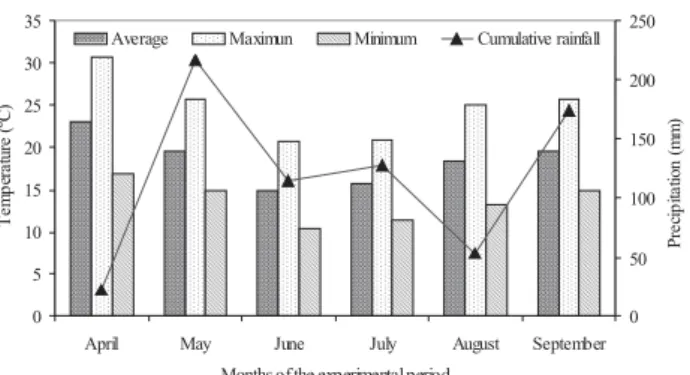 Figure 1 - Maximum, minimum and average temperatures and cumulative rainfall during the experimental period.